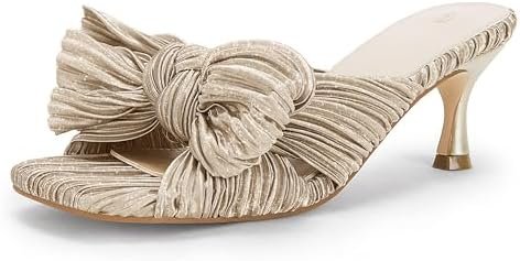 Coutgo Womens Bow Heeled Sandals Pleated Bowknot Heels Open Square Toe Cute Kitt... - Image 2