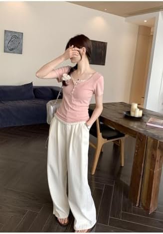 Women Lace Trim Y2K Cute Tshirt Coquette Floral Summer Ribbed Knit Crop Top Fair... - Image 6