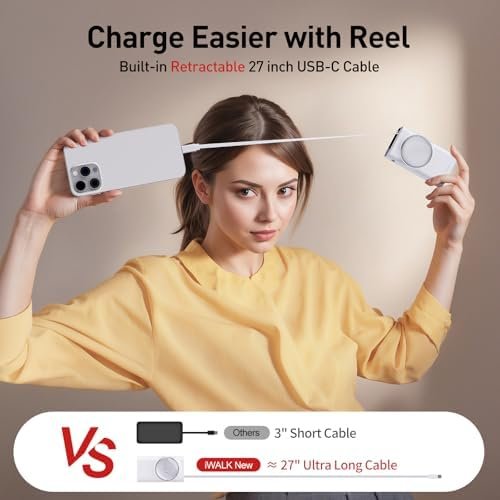 iWALK Reel Power Bank Built-in 2.3ft Retractable Cable, 10,000mAh PD 30W Fast Ch... - Image 3