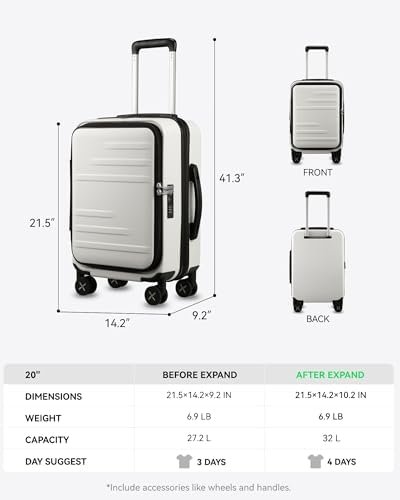 LUGGEX Carry On Luggage with Front Opening, Expandable Polycarbonate Hard Shell ... - Image 9