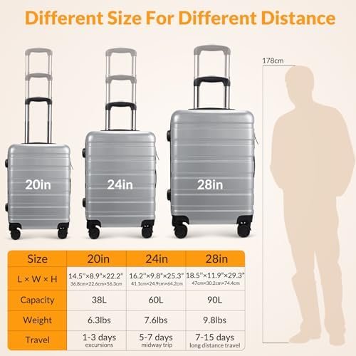 Luggage 3-Piece Set Suitcase Spinner Hardshell Lightweight TSA Lock, Silver, 20"... - Image 3