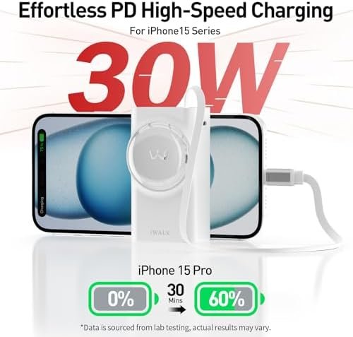 iWALK Reel Power Bank Built-in 2.3ft Retractable Cable, 10,000mAh PD 30W Fast Ch... - Image 4