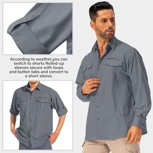 Men's Sun Protection Hiking Fishing Safari Shirt Long Sleeve Outdoor Cool Quick ... - Image 5