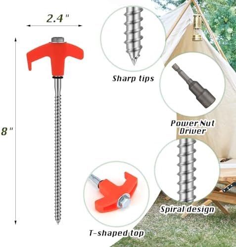8" Screw in Tent Stakes 8PCS - Ground Anchors Screw in, Screw in Tent Stakes Hea... - Image 3