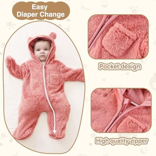 XIFAMNIY Newborn Baby Winter Snowsuit - Bear Onesie Outfit Fleece Warm Jumpsuit ... - Image 5