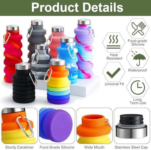 8 Pcs Collapsible Water Bottles 17oz 500ml Silicone Foldable Water Bottle with C... - Image 5