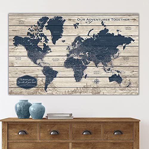 Holy Cow Canvas Personalized Push Pin World Map on Canvas with Rustic Woodgrain ... - Image 3