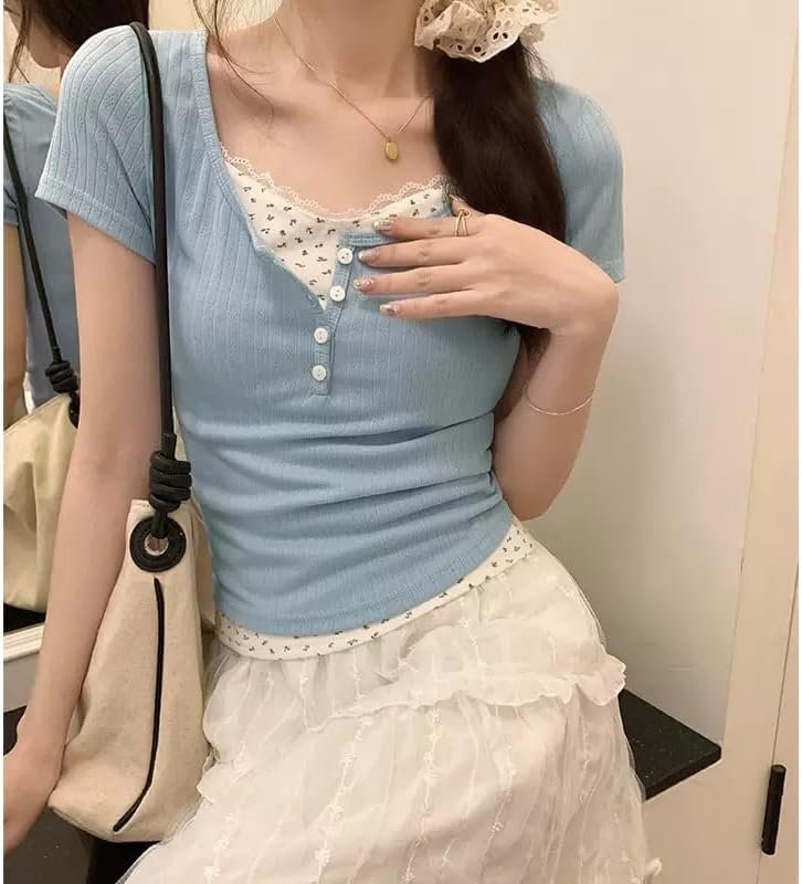 Women Lace Trim Y2K Cute Tshirt Coquette Floral Summer Ribbed Knit Crop Top Fair... - Image 7