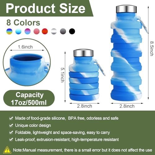 8 Pcs Collapsible Water Bottles 17oz 500ml Silicone Foldable Water Bottle with C... - Image 3