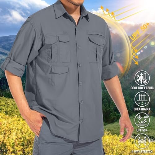 Men's Sun Protection Hiking Fishing Safari Shirt Long Sleeve Outdoor Cool Quick ... - Image 6