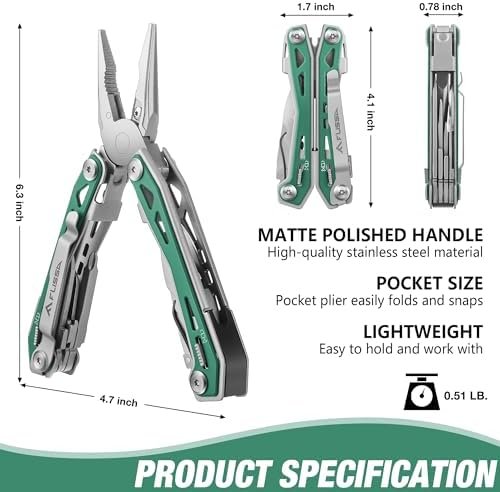 FLISSA Multi Tool Pliers, Green 16 in 1 Stainless Steel Multipurpose tool with T... - Image 7