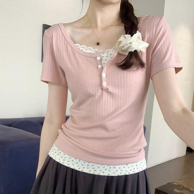 Women Lace Trim Y2K Cute Tshirt Coquette Floral Summer Ribbed Knit Crop Top Fair... - Image 4