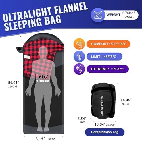 Backpacking Flannel Sleeping Bag Lightweight for Adults Hiking Ultralight Compac... - Image 3