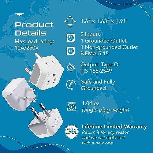 Ceptics Thailand Travel Adapter with Dual Usa Input (Type O) Ultra Compact - 3 P... - Image 6
