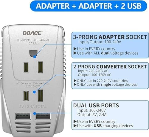 220V to 110V Converter, DOACE 2000W Travel Voltage Converter for Hair Dryer Stra... - Image 3