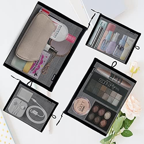 SUPACOOL Set of 4 Black Travel Mesh Cosmetic Makeup Organizer Bags with Zipper d... - Image 5