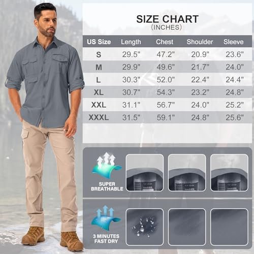 Men's Sun Protection Hiking Fishing Safari Shirt Long Sleeve Outdoor Cool Quick ... - Image 7