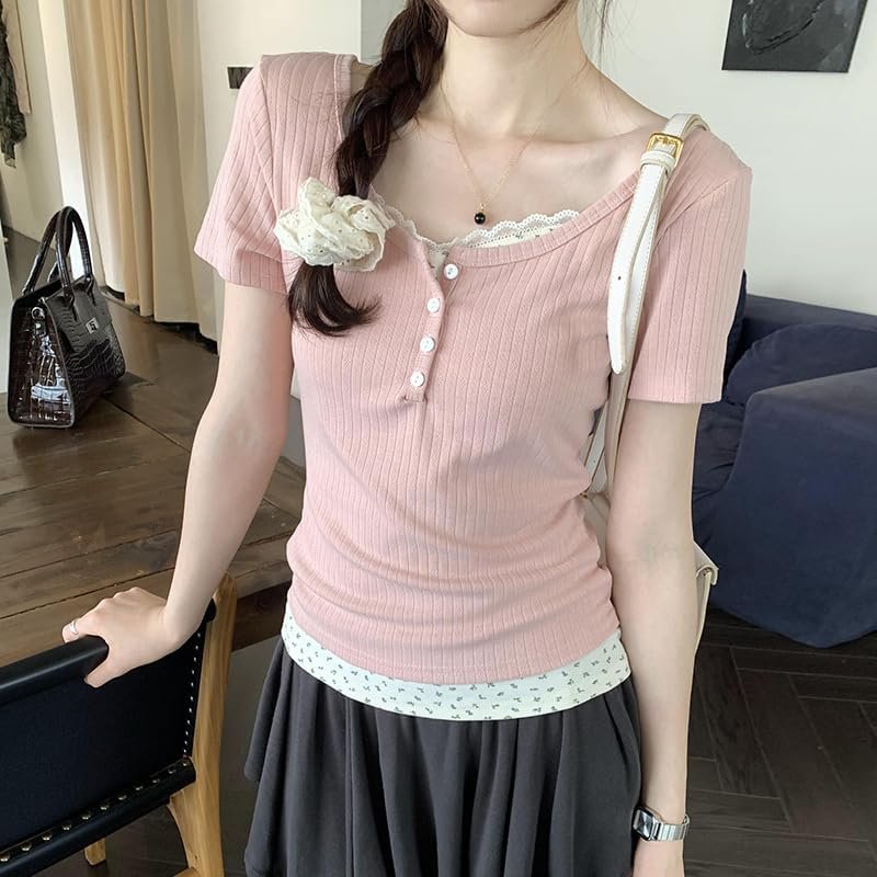 Women Lace Trim Y2K Cute Tshirt Coquette Floral Summer Ribbed Knit Crop Top Fair... - Image 3