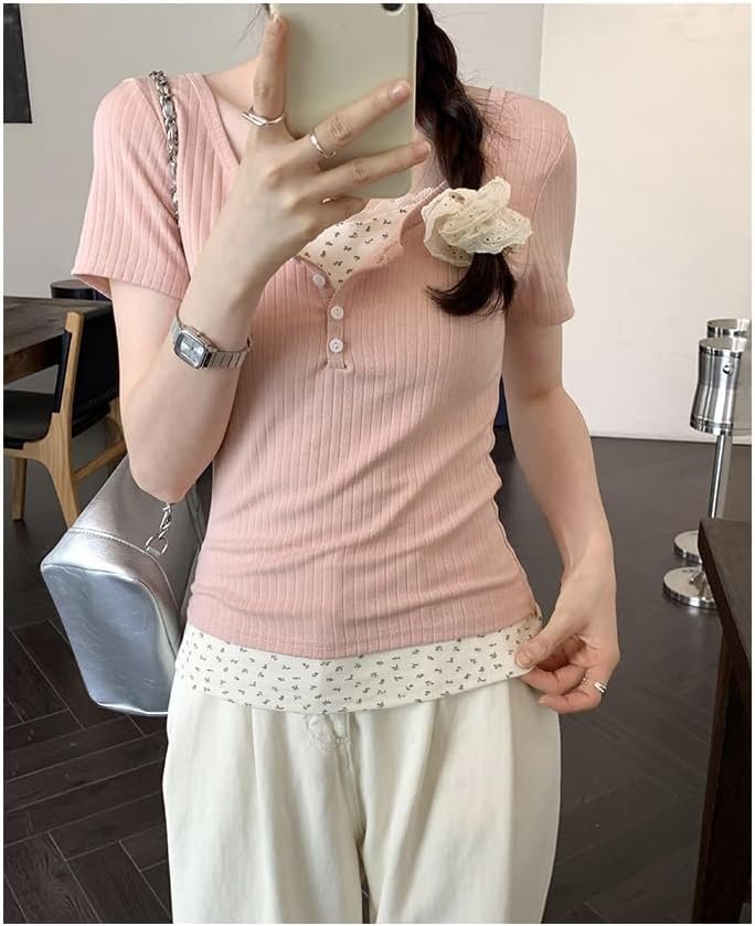 Women Lace Trim Y2K Cute Tshirt Coquette Floral Summer Ribbed Knit Crop Top Fair... - Image 5