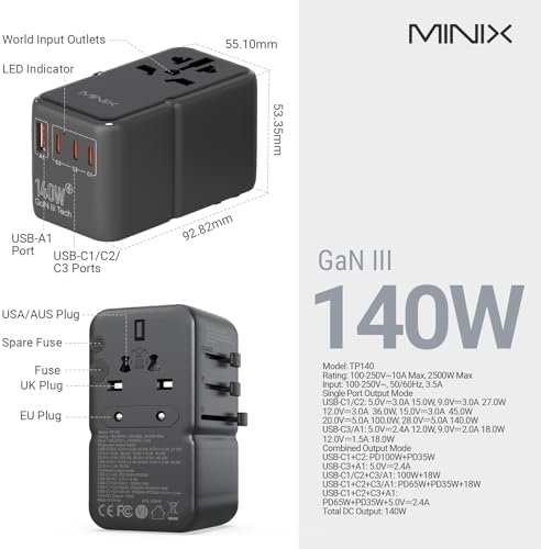 MINIX TP140 Universal Travel Adapter with 140W PD Ports GaN Technology Internati... - Image 3