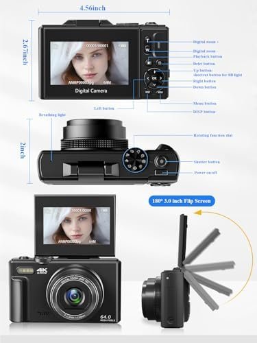 Digital Camera for Photography, WiFi 64MP 4K Vlogging Camera for YouTube, 3" 180... - Image 8