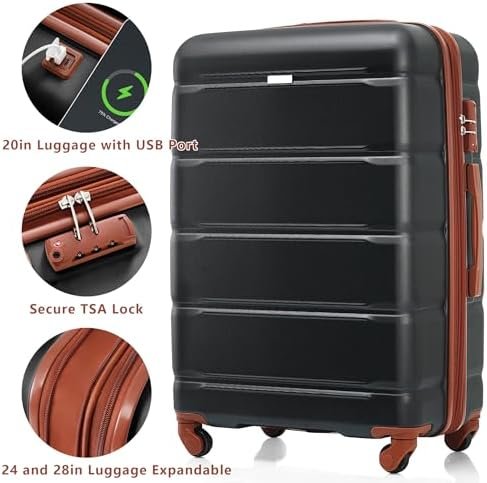 Merax Luggage Set of 3 with 20-inch Carry On USB Port Cup Holder ABS+PC Hardshel... - Image 4