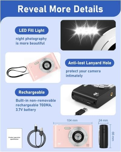 Pink Digital Camera, Full HD 48mp Video 4K Mini Digital Camera with Flash, 16X D... - Image 7