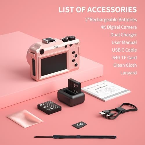 Cameras for Photography,4K Pink Digital Camera Anti-Shake 64MP Compact Vlogging ... - Image 8