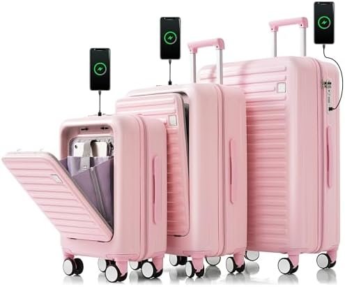 Merax 3 Piece Luggage Set with USB Port Hard Luggage Set Carry On Luggage Set wi... - Image 2